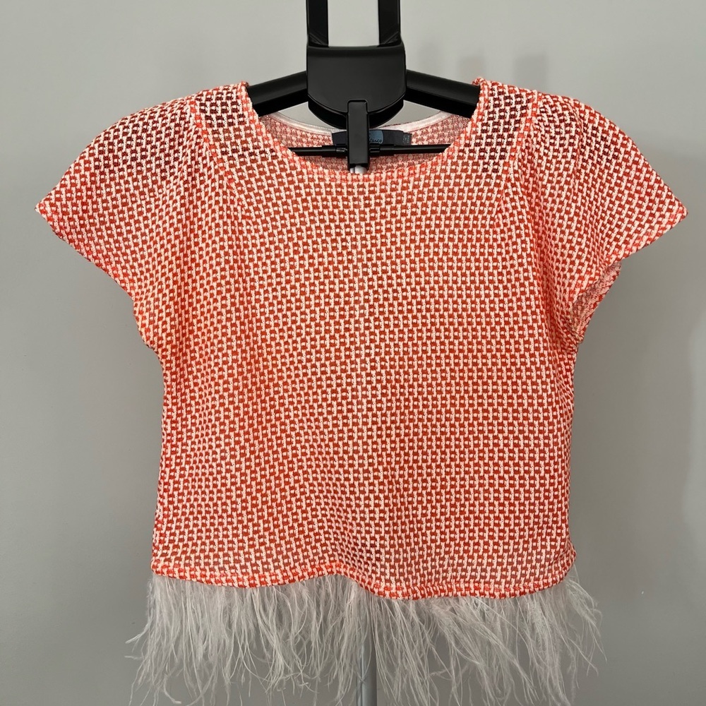 Eva Franco Anthropologie Boho Feather Trim Short Sleeve Top Size XSP - Picture 2 of 11